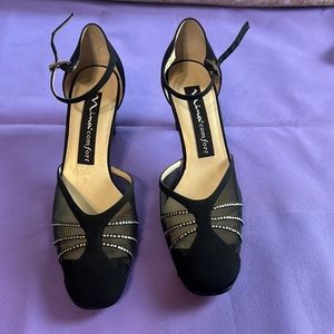 Mina, comfort, black ankle strap, low heel shoes with rhinestone embellishment